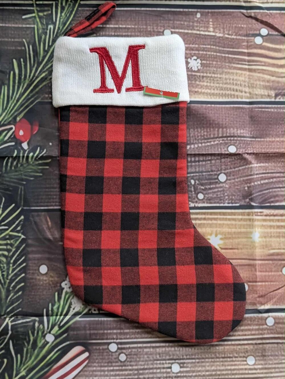NEW Red Black Buffalo Plaid Embroidered Letter "M" Christmas Stocking Holiday